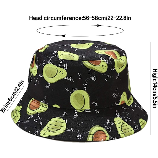 Söt bucket hat strandfiskarhattar för kvinnor, vändbar dubbelsidig användning Avocado Black