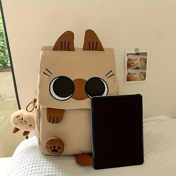 Ryggsäck för Siamese-katt med stor kapacitet - Söt tecknad design med bruna accenter, slitstark nylon & polyesterfoder, dragkedja Svart Black