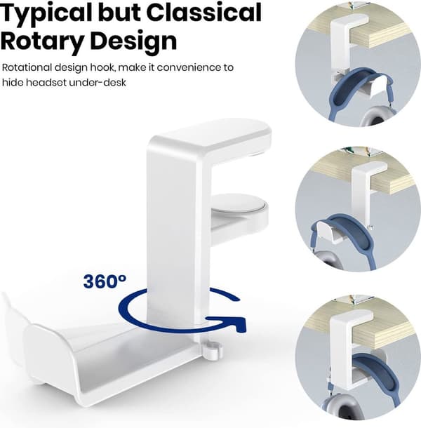Headphone Holder with Clamp - 11.4x10.2x4 cm - White Plastic - Adjustable & Rotatable - Non-slip - For Desk