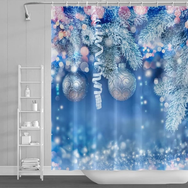 Vinter jul duschdraperi, Blå Bokeh Snowflake Glitter Julkulor Blad Baddraperier med krokar för barnfamiljen 71\" x 71\"