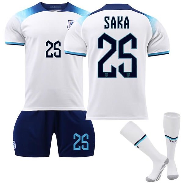 England 2022 VM hemmatröja Saka #25 Fotbollströja T-shirt Shorts Kit Fotboll 3-delade sæt til barn Vuxna Kids 18(100-110cm)