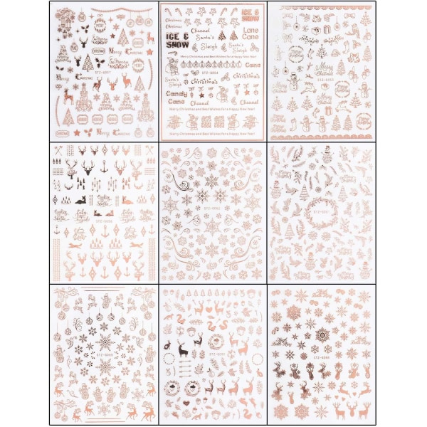 9 ark Jul Nail Art Stickers Dekaler Självhäftande Pegatinas Uñas Navidad Rose Gold Vinter Semester Xmas Snowflake Nail