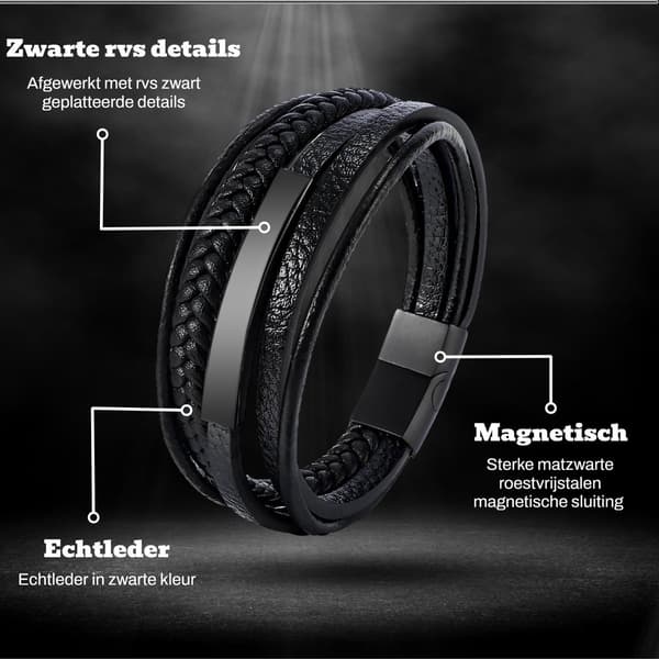 Sort læderarmbånd til mænd med magnetlås, justerbart 19,5–21 cm, minimalistisk stil, gave til ham, Mauro Vinci