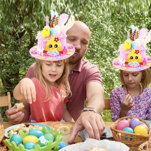 DIY påskehatt håndverkssett, ikke-vevd stoff, kylling, egg og fjær, for barns påskefester, rosa