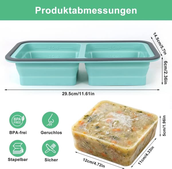 Silikon frysebeholder for suppe med lokk, 2 rom, 1000 ml, matsikker, for måltidsforberedelse, supper og sauser, blå