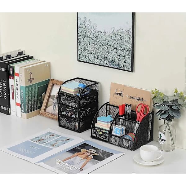 Mesh Desk Organizer with 3 Small Drawers, Desktop Organizer, Office Supplies Holder