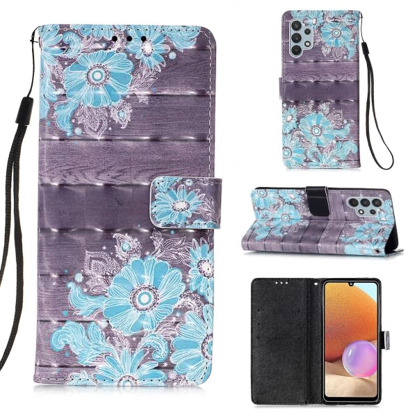 Kompatibel med Samsung Galaxy A32 4g Case 3d-mönster plånbokskort Magnetisk Etui Cover Folio - Blå blomma null ingen