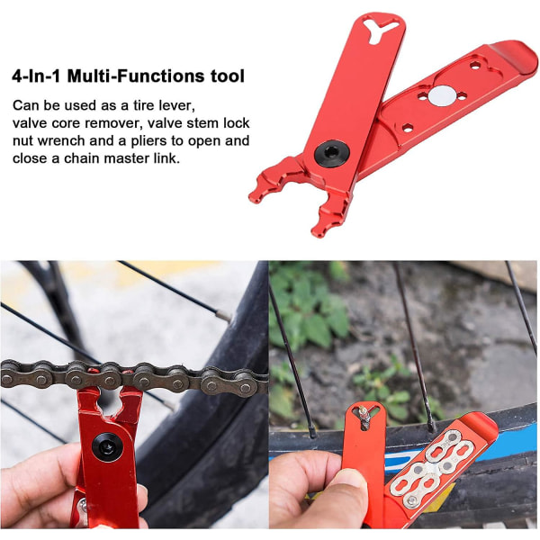 Cykelkedjetång, højfast aluminiumlegering, 4-i-1 multifunktionsventilværktøj Dækspaksværktøj (rød)