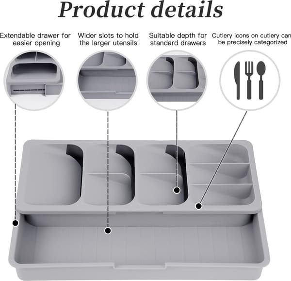 2-in-1 Cutlery Organizer/Drawer Divider - 40.5x16.5x5.5 cm - Grey PP - Extendable & Adjustable - For Kitchen Drawers
