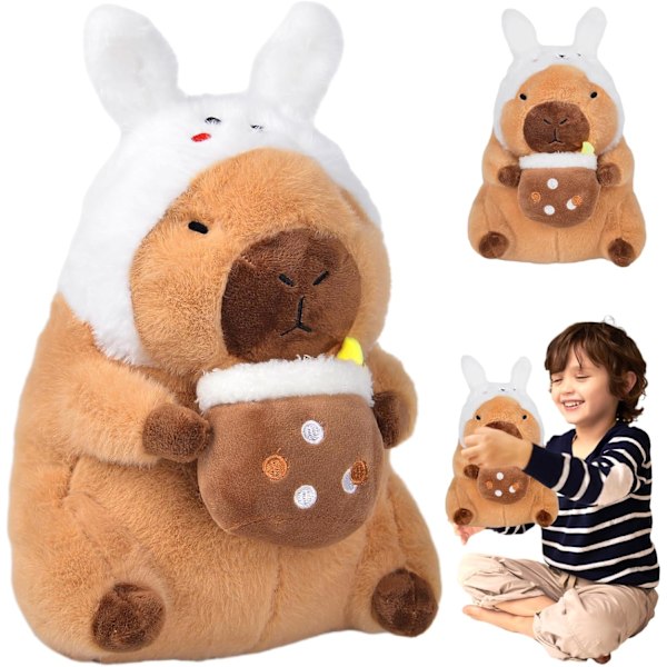 30 cm Simulerad Capybara Mjuka Plyschleksaker, Söt Plysch Marsvin Stressleksak, Capybara Gosedjur Nallebjörn Leksak med Kaninhatt