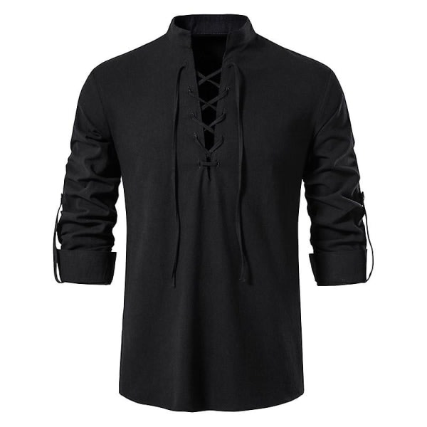 2051 Ny blus för män casual blus bomull linneskjorta Toppar långärmad t-tröja Höst lutande knappslå Vintage black 2XL zdq