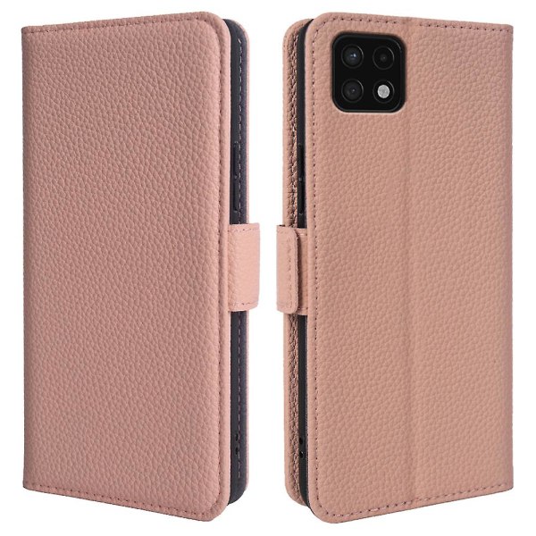 För Samsung Galaxy A22 5g (eu-versio) Litchi Texture Stand Case äkta kohudsläder Cover Pink