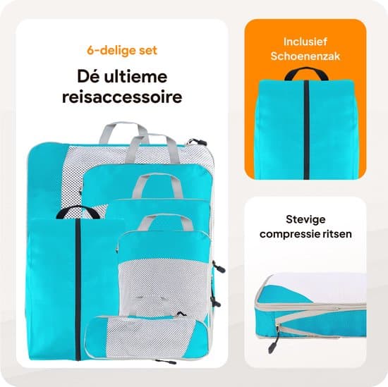 Komprimeringspackväskor 6-set, 60 % platsbesparande reseorganisatör med skopåse, lätt 210D ripstop-polyester, ljusblå