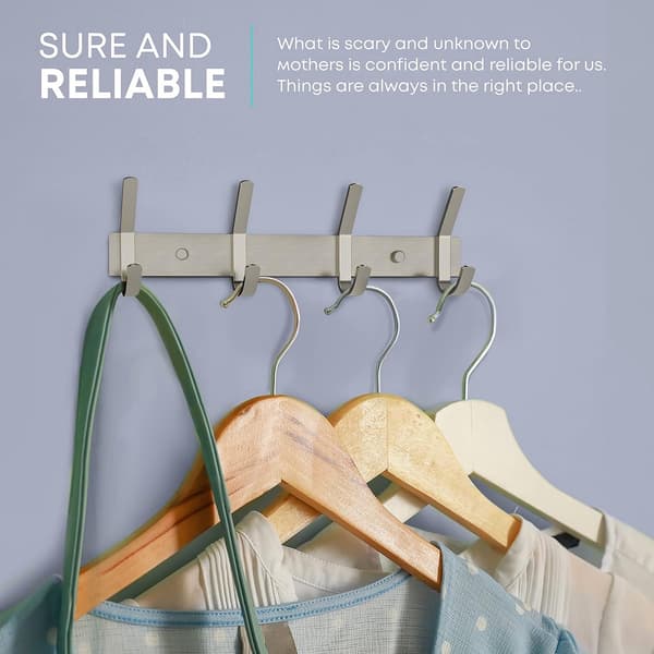 Wardrobe Hooks Set of 4 - Stainless Steel - Silver - With Mounting Rail - For Wall, Wardrobe, Bedroom, Bathroom, Kitchen