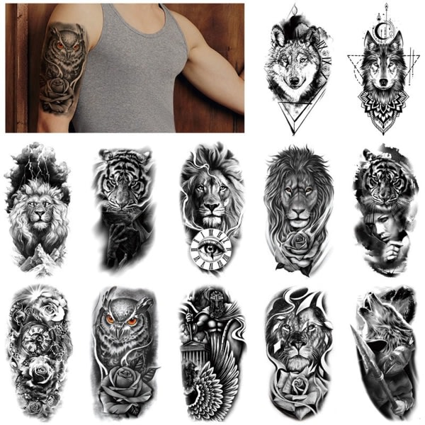 12 ark Wolf Lion Midlertidige tatoveringer Menn Kvinner Arm, 3D Midlertidig tatovering Voksne Barn Hals, Svart Skremmende skalle Halloween Falsk Ta