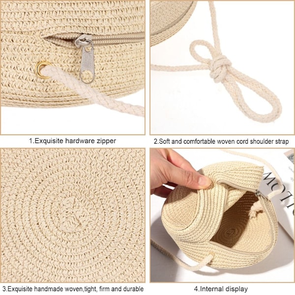 Rund halmväska Dam vävd strandväska Handgjord stickad handväska beige