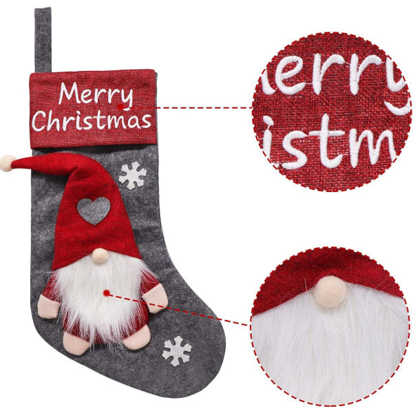 Heyone julstrumpor, 18 tum med handgjorda plysch Tomte Gnomes, för juldekorationer för fritidshus, 3-pack, röd grön grå