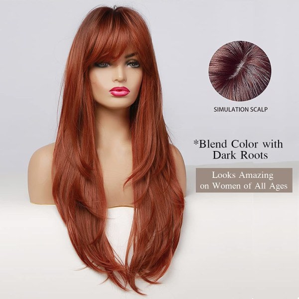 26" orange peruk för mänskligt hår för kvinnor med lugg, lång naturlig vertikal