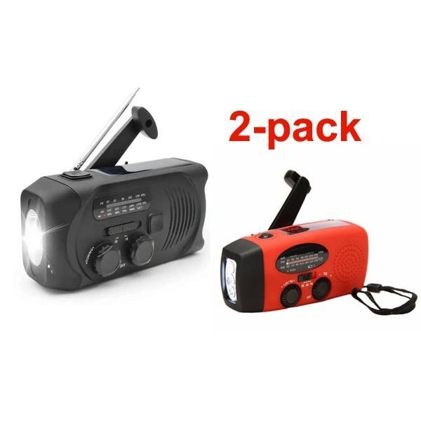 2-pack Svart och Röd Vevradio med Solceller, Ficklampa och 2000mAh Powerbank Nödradio 250