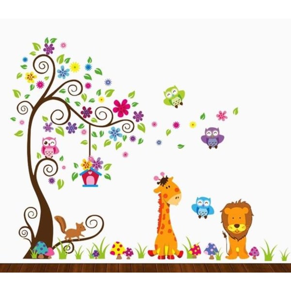 Barnväggdekal Färgglad Uggla Giraffe Lejonträd Dekorativt Unisex klistermärke