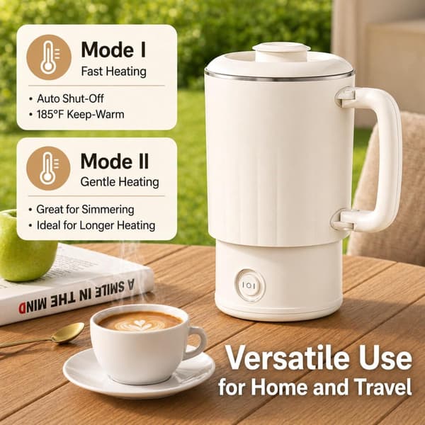 Sammenklappelig Rejse Elkedel 800ml, 316 Rustfrit Stål Interiør, Dobbelte Varmetilstande, Cool Touch Dobbeltvæg, Beige, til Rejser og Camping