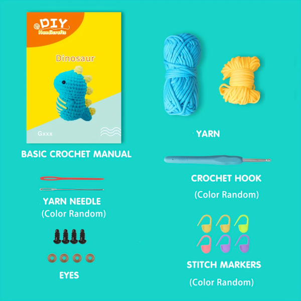 Hæklenøgle til begyndere, Lær at hækle Sæt til børn Gave, lille dinosaur DIY strikkekit til voksne (Værktøjstilbehør Farve tilfældig)