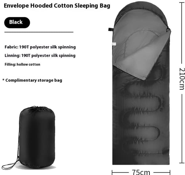 Voksen sovepose, letvægts vandtæt polyester med hulfiberfyld, hætte til camping og vandreture, sort, 210 x 75 cm