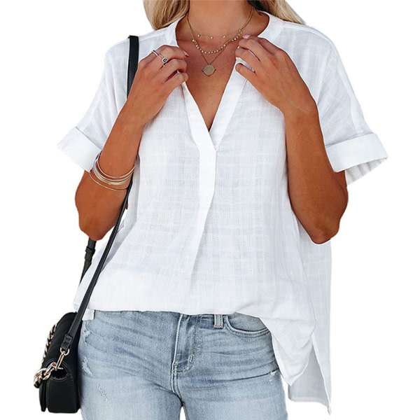 Kvinnors V-ringad kortærmad randig tunn løs rutig skjorta-vit XL CDQ