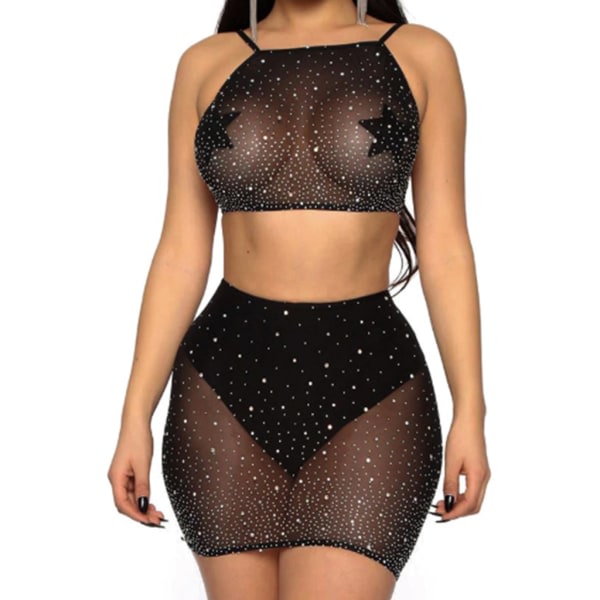 Dam Hollow Out Mesh 2 :a Set Shiny for Rhinestone Halter Top Sexy Sheer Mini S