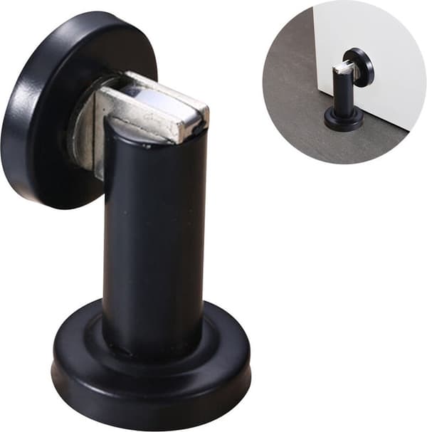 Magnetisk dørstopper - Sort rustfrit stål - Dørpude - Væg- eller gulvmontering - Indendørs/udendørs