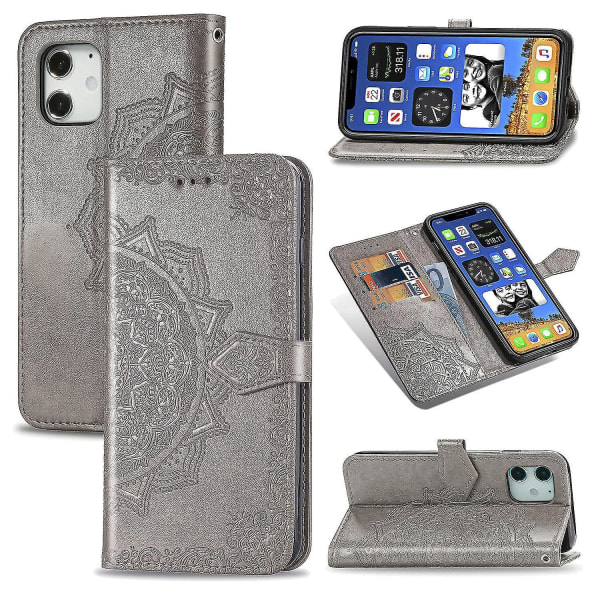 Kompatibel med Iphone 11- case Cover Emboss Mandala Magnetic Flip Protection Stötsäker - Grå null ingen