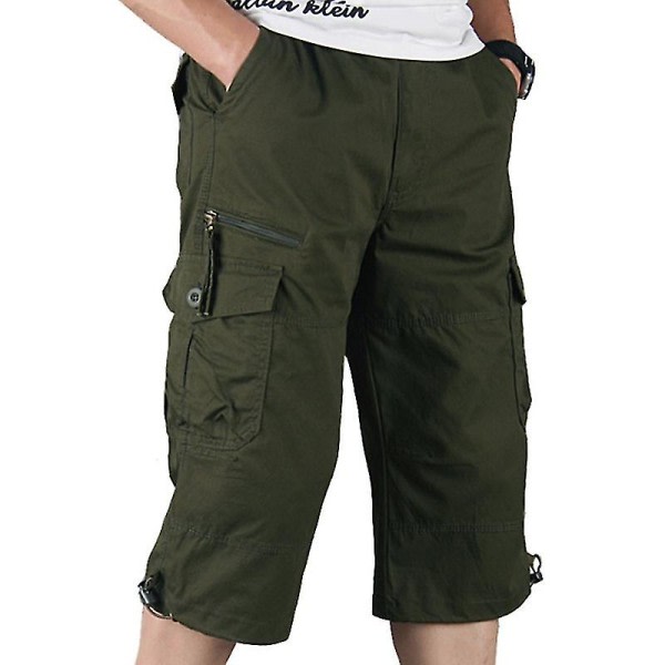 Män Plain 3/4 Längd Cargo Pants Combat Multi Pockets Army Green 2XL zdq