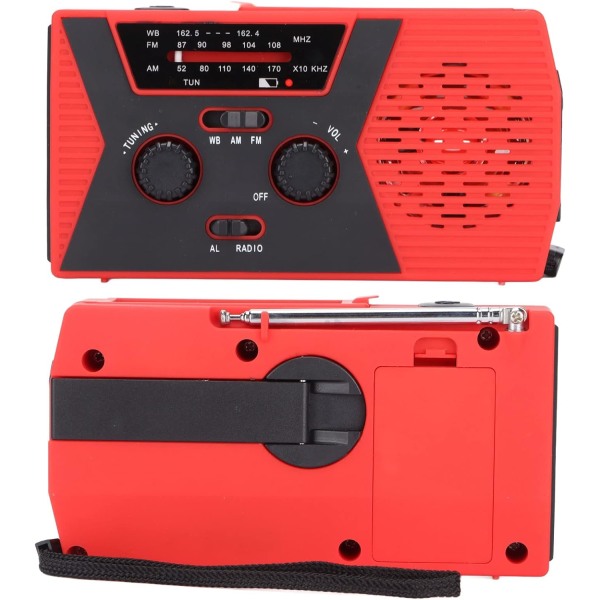 Nødradio, solcelledrevet håndsvingradio, 2000mAh powerbank-telefonoplader med lommelygte, læselampe red
