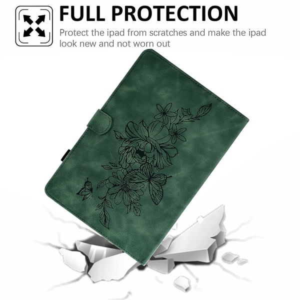 För Samsung Galaxy Tab S6 Lite (sm-p610 / 615) Fjärilsblommönster med tryckt skyddande case Pu-lädersömmar Line Flip Cove Green