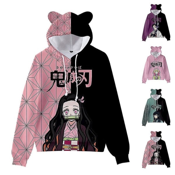 Unisex Demon Slayer trykt hoodie sweatshirt Casual Pullover Katteører hættetrøje Toppar Sort S Black S