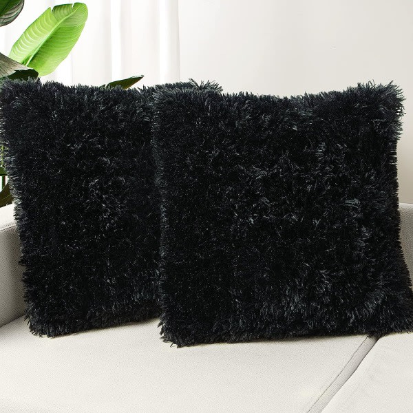 Set med 2 örngott 18x18, svart fluffigt örngott, lyxigt fyrkantigt sofffodral i fuskpäls, soffa, vardagsrum, sovrum, utan örngott