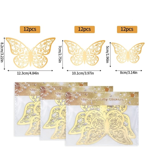 3D-fjärilsväggdekor 36 delar 12 stilar 3 storlekar, guldfjärilsdekor för sovrum Vardagsrum Barnrum Barnrum