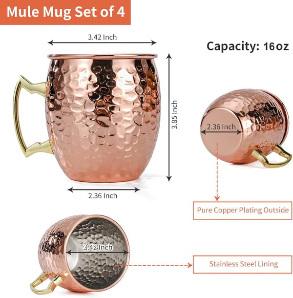 Moscow Mule -mukisetti - 4 kpl - 500 ml - vasaroitu kuparinäkö