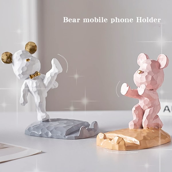 Søt bjørnetelefonstativ for skrivebordsdekorasjon Kawaii telefonstativ (hvit, håndflate støtte)