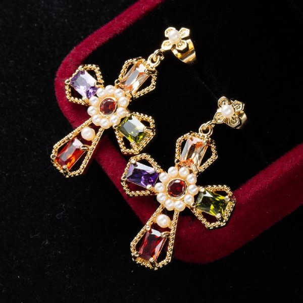 Damernas dinglande örhängen utsökt lyx kvinna smycken gåva flerfärgad kristall kors örhängen med imitation pärlor zdq
