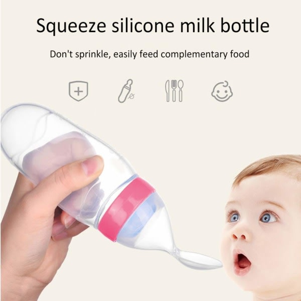 Silikonflaska, bærebar nappflaska for baby, presseflaska, matflaska, sked, dispenser for baby