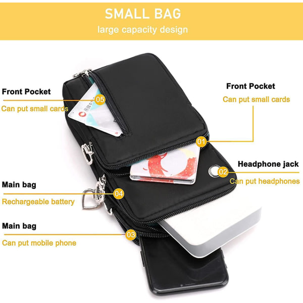 Liten telefonplånbok, axelväska for mobiltelefon, justerbar avtagbar axelrem svart