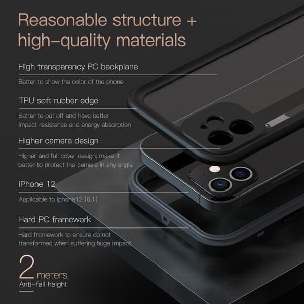 Kompatibel med iPhone, REDPEPPER iPhone 12 Cover 360 Vandtæt IP68 Sort 90