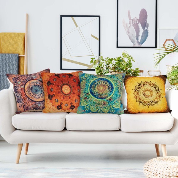 CDQ Sæt med 4 pudebetræk, indiske bohemiske mandala blomstermønster pudebetræk（45 x 45 cm）