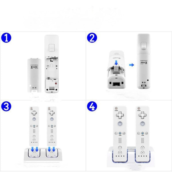 Til Nintendo Wii U Dobbelt Fjernbetjening Oplader Ladestation + 2x Genopladelige Batterier Tilbehør Hvid