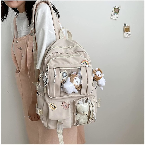 Ryggsäck söt estetisk skolmaterial anime djur med stift björn hänge fisk katt kitty dagryggsäck japansk stil skolväska tecknad film bärbar dator