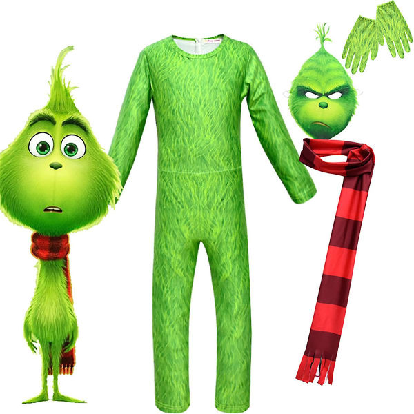 Christmas The Grinch Kids Kostym Fancy Dress Jumpsuit Handskar Skjerf Maske Antrekk 12-13 år
