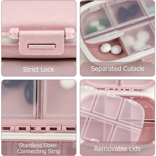 1 x Resepillerbox (rosa), 8 fack, portabel liten tablettbox for handväska, mediciner, vitaminer, rosa CDQ