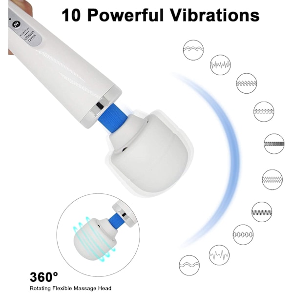 10-vaihteinen USB-johdollinen käsikäyttöinen hierontalaite, voimakas värähtelyterapia, valkoinen