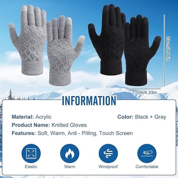Vinter Touchscreen Handsker, Fleeceforet Akrylstrik, Unisex Til Løb, Cykling Og Kørsel, 2 Par, Sort Og Grå, 23 X 11 Cm